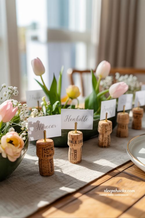 DIY Champagne Cork Easter Place Cards with Flowers
