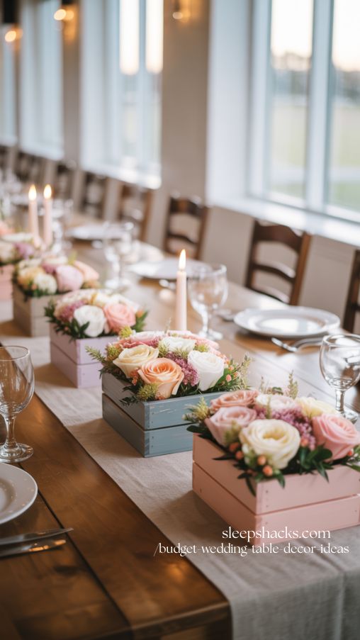 DIY Color-Coordinated Flower Box Wedding Table Decor Ideas on a Budget