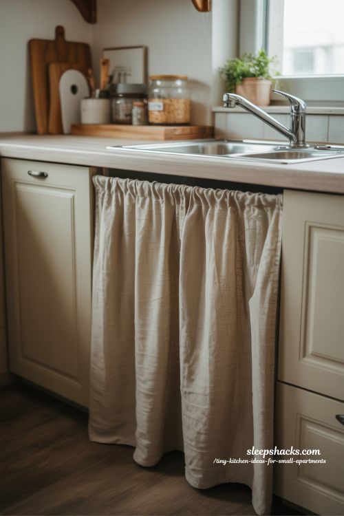 DIY Fabric Skirt Tiny Kitchen Ideas For Small Apartments With Cozy Charm