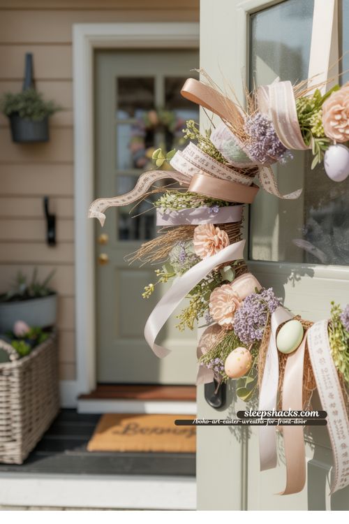 DIY Layered Ribbon and Flower Boho Easter Wreath Front Porch Decor