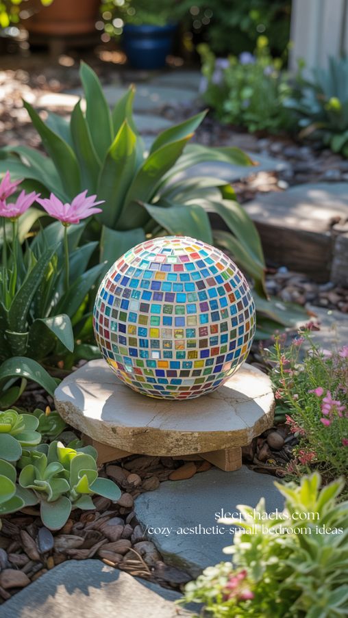 DIY Mosaic Bowling Ball Garden Sculpture with Reflective Tiles