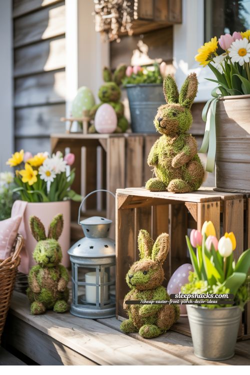 DIY Moss Bunny Decorations for Cheap Easter Front Porch Decor