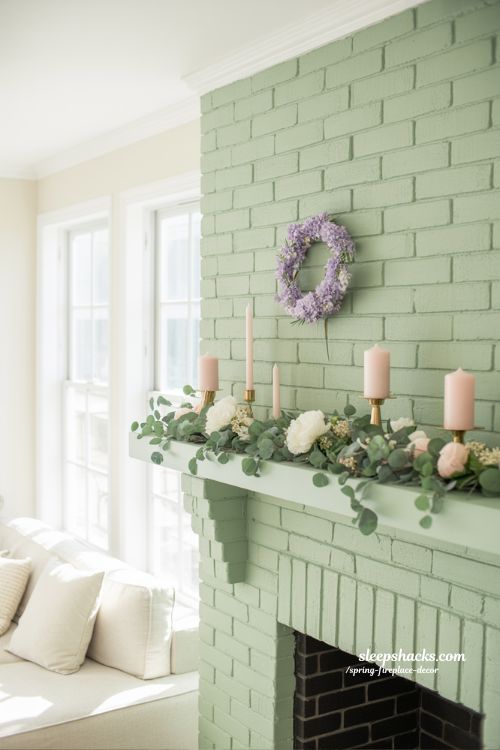 DIY Painted Brick Fireplace Accent with Spring Decor