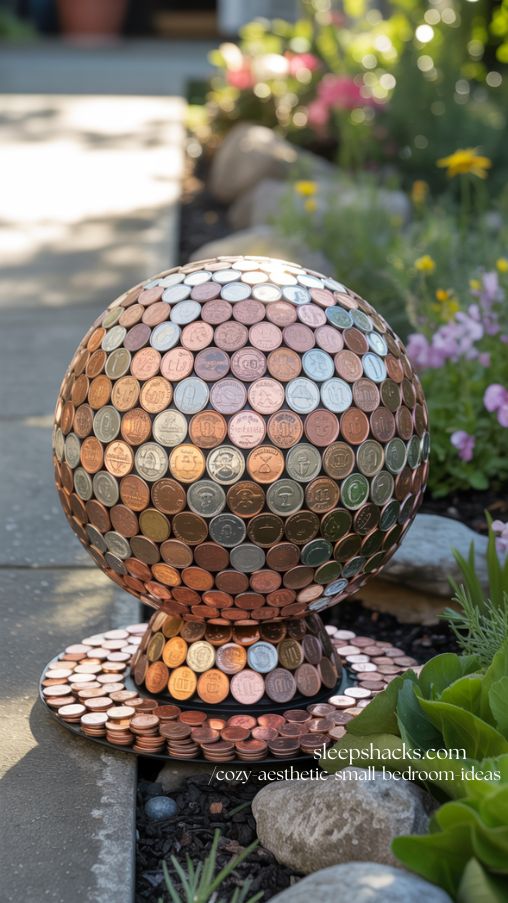 DIY Penny Bowling Ball Garden Sculpture for Sparkling Outdoor Decor
