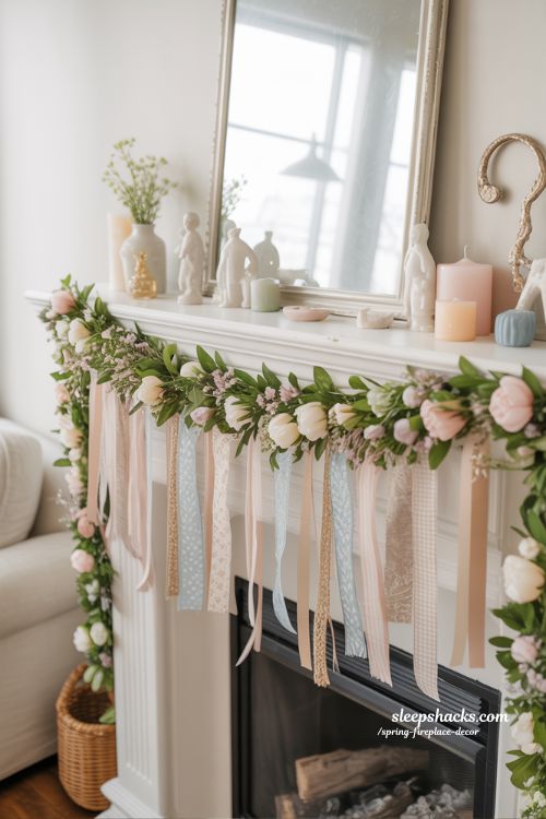 DIY Spring Garlands with Ribbons and Blooms for the Mantel