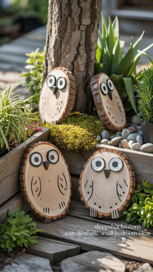 DIY Wood Slice Owl Sculptures for Whimsical and Rustic Garden Decor