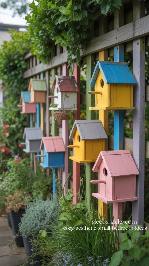 Decorative Birdhouses in Coordinated Colors for Whimsical Garden Charm
