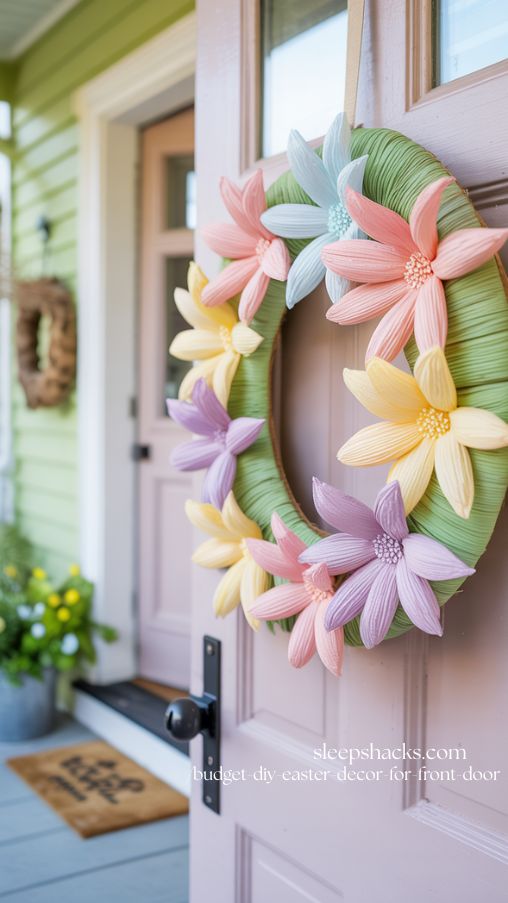 Delicate Crepe Paper Flower Easter Wreath for a Soft Spring Front Door