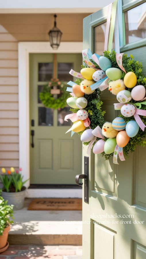 Dollar Store Charm Cheap Easter Wreath on Front Door