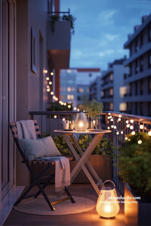 Dreamy Tiny Balcony Lighting With Globe String Lights And Lanterns