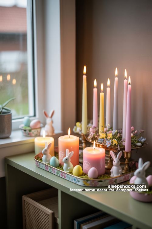 Easter-Themed Candles on Small Shelves