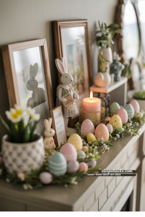 Photograph a spring-inspired Easter shelf vignette for Easter Home Decor Art Ideas. Arrange painted pastel eggs, bunny figurines, small candles, and delicate floral elements on a shelf or mantel, layering items at varying heights and textures for depth. Incorporate personal touches like handcrafted items, family figurines, or tiny seasonal crafts to add warmth and character. Stick to 2–3 complementary pastel colors to keep the display cohesive. Capture soft natural light to enhance the pastel tones, textures, and shadows. Use a slightly angled perspective or shallow depth of field to focus on the layered details while keeping the surrounding space inviting, curated, and festive.Keywords/Focus: Easter shelf vignettes, layered spring decor, pastel home accents, curated seasonal displays, DIY Easter decorations