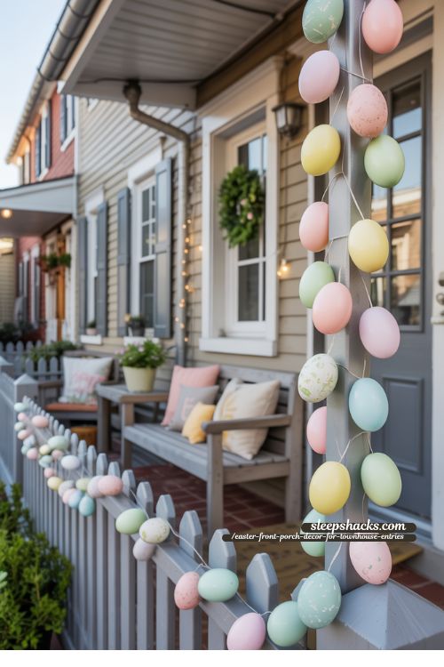 Egg Garland Draped Along Rails for Townhouse Front Porch