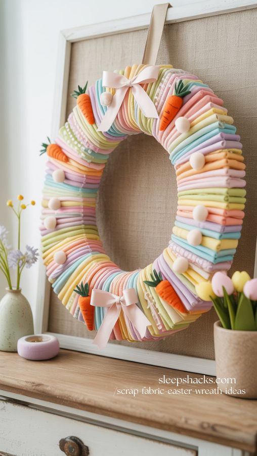 Egg-Shaped Pastel Scrap Fabric Wreath with Pom-Pom Trim