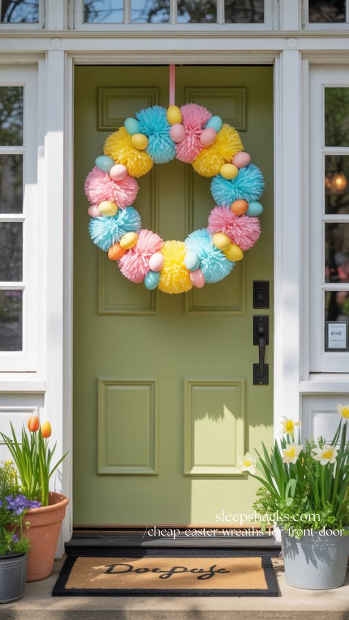Egg and Pom-Pom Fun Cheap Easter Wreath on Front Door