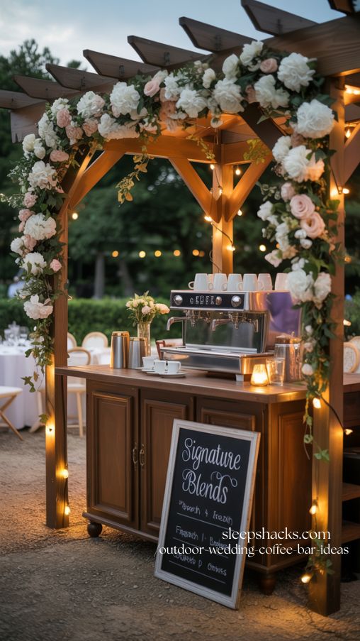 Elegant Pergola Coffee Station for Outdoor Wedding