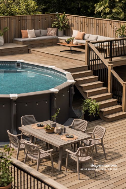 Elevated Wraparound Deck With Entertaining Zones Above Ground Pool Ideas