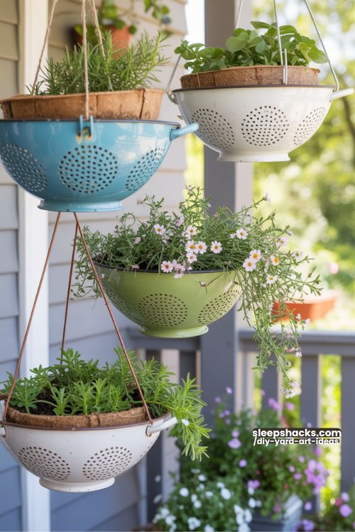 Enamel Colander Hanging Planters for Porch and Garden