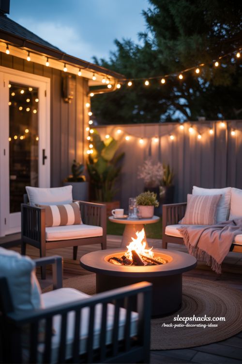 Evening Glow Back Patio Ideas with String Lights and Fire Pit