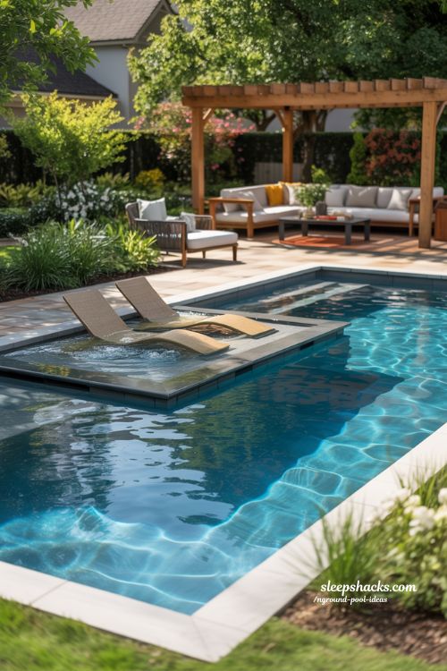 Family Friendly L Shaped Inground Pool with Sun Shelf and Pergola Lounge Area