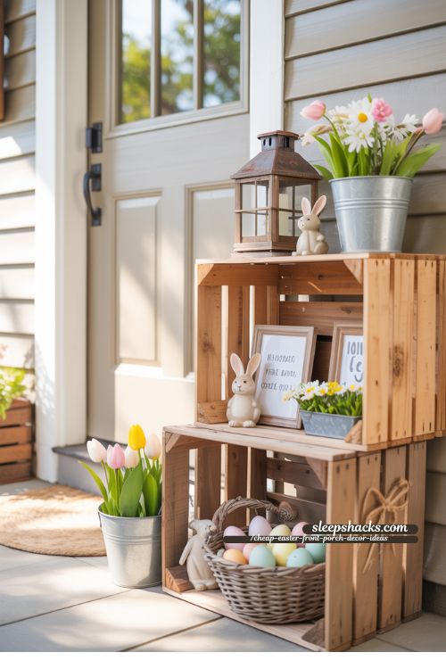 Farmhouse Crate Display for Cheap Easter Front Porch Decor Ideas