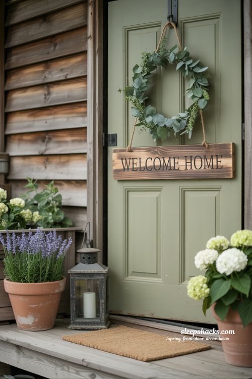 Farmhouse Spring Front Door Decor with Greenery and Rustic Touches