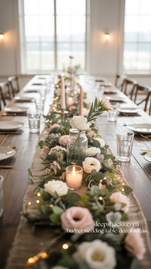 Faux Floral Garland Wedding Table Decor Ideas on a Budget