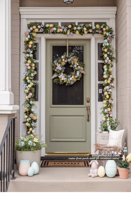 Faux Floral Garland on Door Frame for Townhouse Front Porch