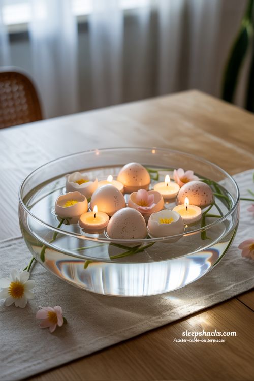 Floating Eggshell Flowers & Candles Easter Table Centerpiece