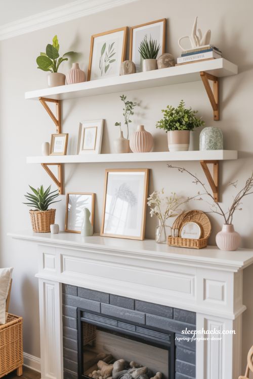 Floating Shelves Above the Mantel for Stylish Spring Decor