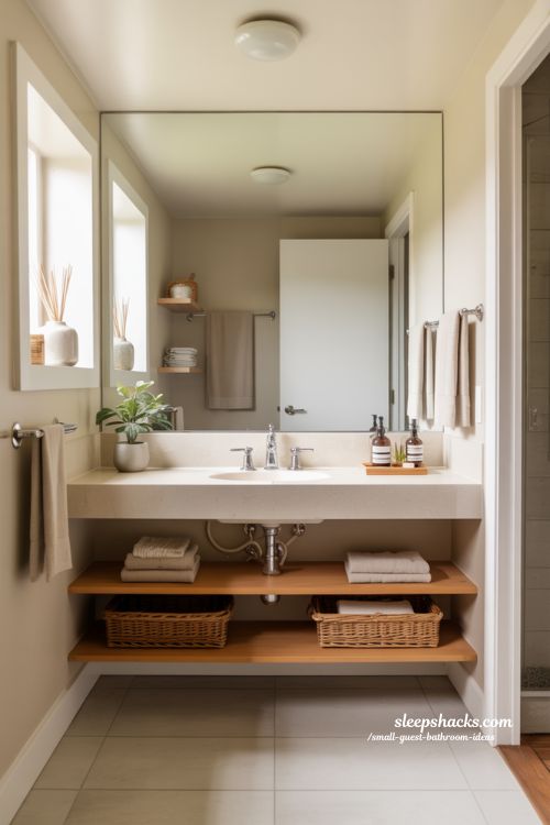 Floating Vanities Save Space in a Small Guest Bathroom