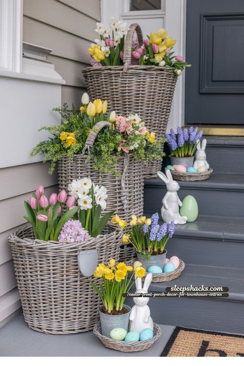 Flower-Filled Baskets for Townhouse Front Porch Spring Decor