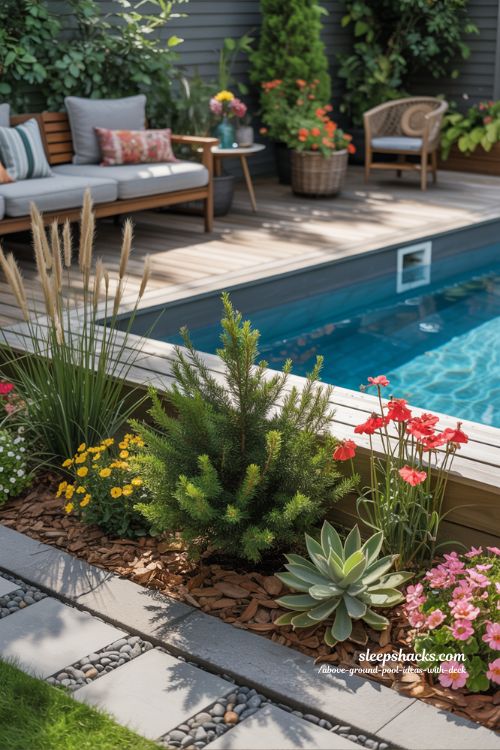 Flower-Framed Pool Deck Above Ground Pool Ideas