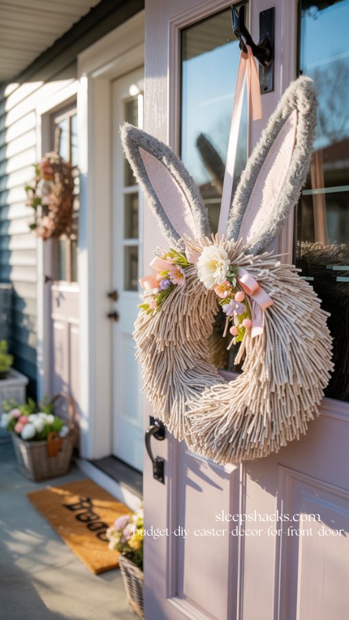 Fluffy Mop Head Bunny Easter Wreath for a Whimsical Spring Front Door
