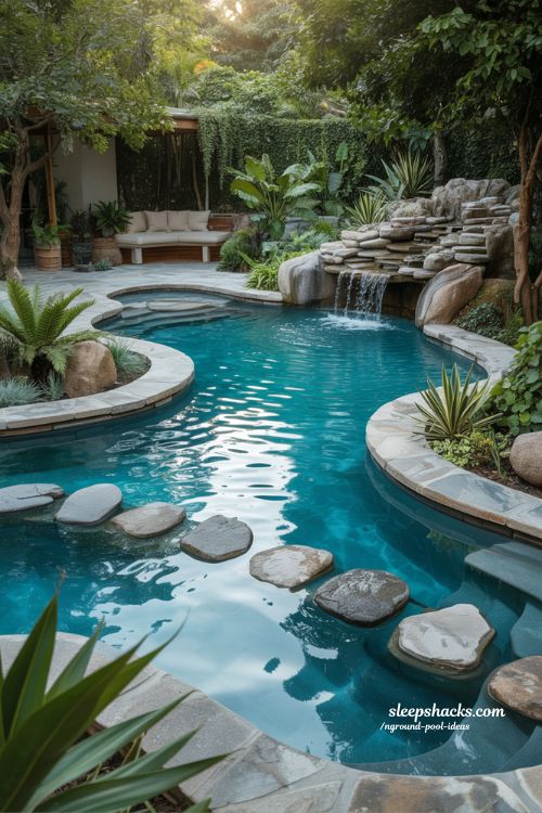 Freeform Lagoon Style Inground Pool with Natural Rock Waterfall