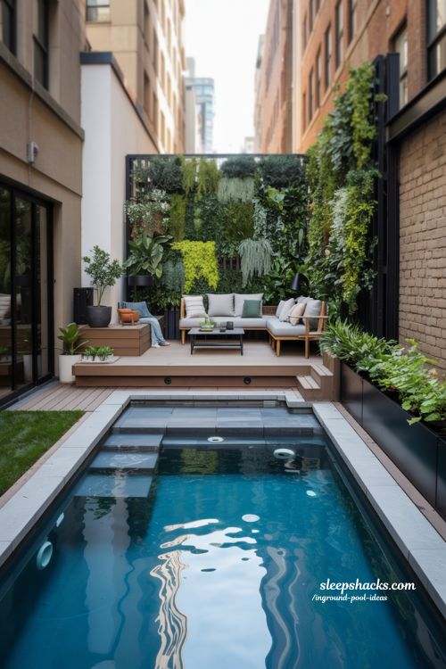 Small Urban Backyard Pool with Vertical Garden and Multifunctional Deck