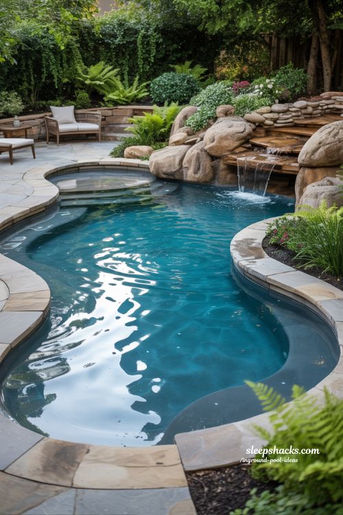 Freeform Pool with Natural Stone Accents and Integrated Sun Shelves
