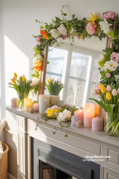 Fresh Floral Garland Mantel for Spring with Pastel Accents