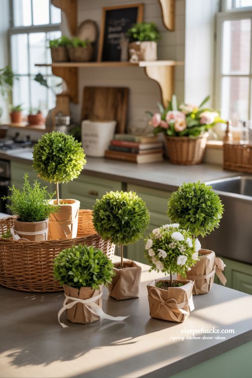 Fresh Spring Kitchen Decor with Mini Topiaries