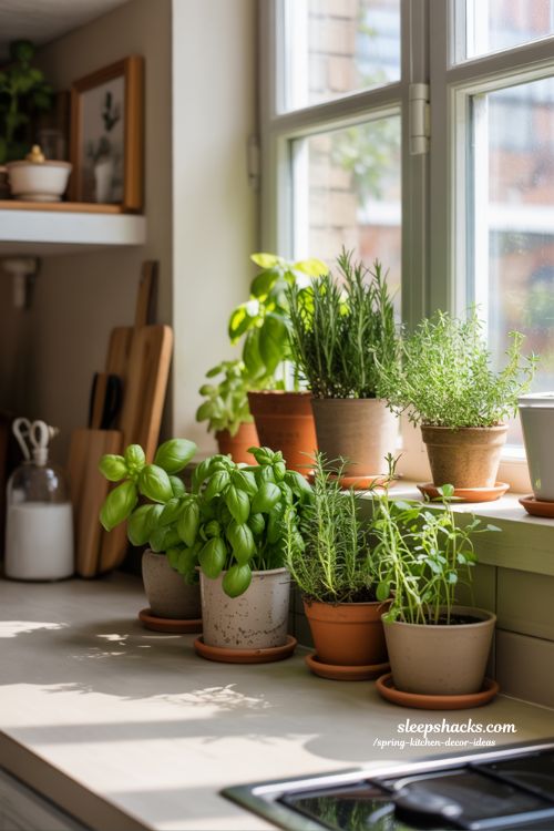 Fresh Spring Kitchen Decor with Potted Herbs on Windowsills