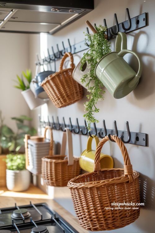 Fresh Spring Kitchen Walls with Creative Hooks