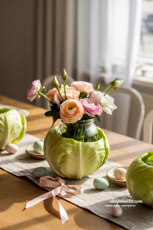 A bright, airy Easter dining table styled with creative carrot and spring bloom jar centerpieces. Clear glass jars are filled with fresh, vibrant orange carrots standing upright at the base, some tied in small bundles with rustic twine. Above them, soft tulips and white daisies fan out naturally, creating a fresh garden-inspired look. Multiple jars are arranged in small clusters along a light wooden table, adding rhythm and visual interest. A neutral linen table runner in beige softens the scene, while a few pastel Easter eggs are scattered casually nearby. Warm spring sunlight pours through sheer curtains, casting soft, natural shadows. Clean, fresh, slightly rustic aesthetic. Shot in ultra-realistic interior photography style, 50mm lens, shallow depth of field, crisp textures, soft highlights, Pinterest-perfect composition.