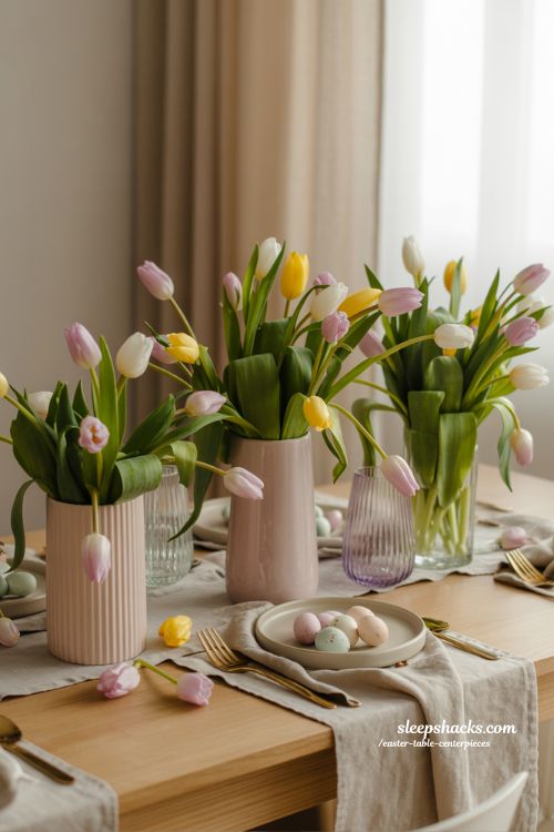 Fresh Tulip Easter Table Centerpieces with Pastel Vases