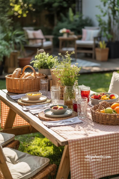 Garden Party Picnic Style Patio Table Decor With Checkered Tablecloth