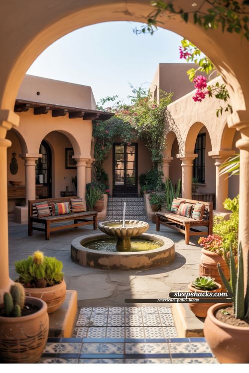 Hacienda-Style Mexican Courtyard with Arches Fountain and Rustic Seating