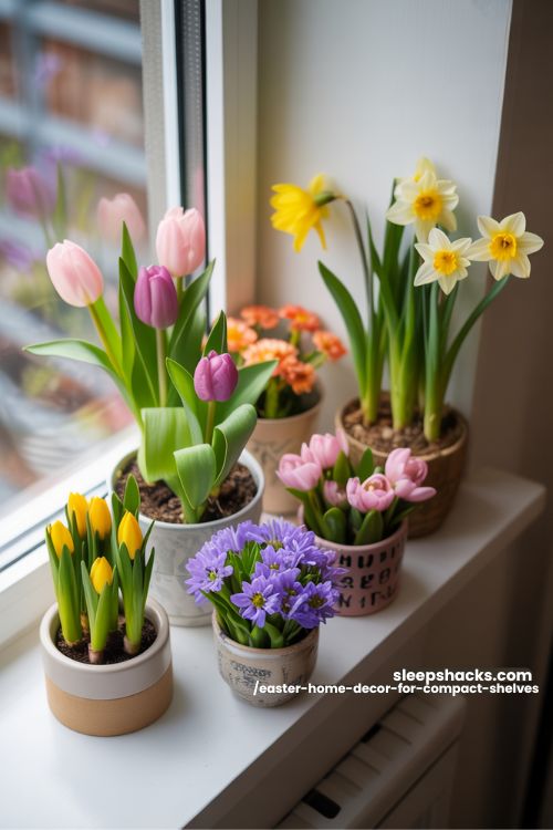Potted Spring Flowers in Mini Planters for Small Shelves