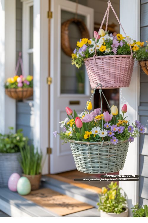Hanging Flower Baskets for Cheap Easter Front Porch Decor