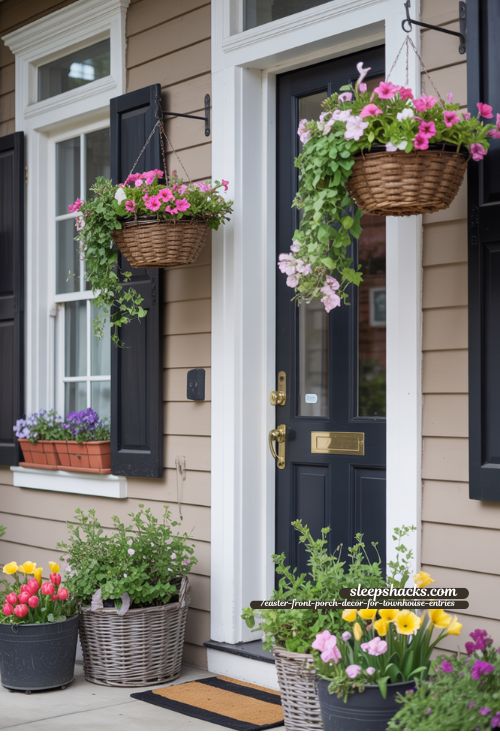 Hanging Flower Baskets for Townhouse Front Porch Spring Decor