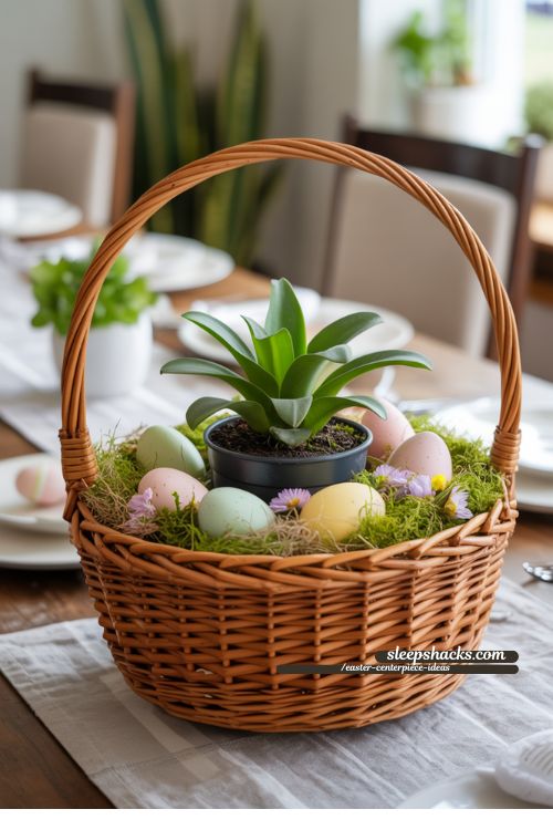 Houseplant Easter Basket Centerpiece for Spring Tables