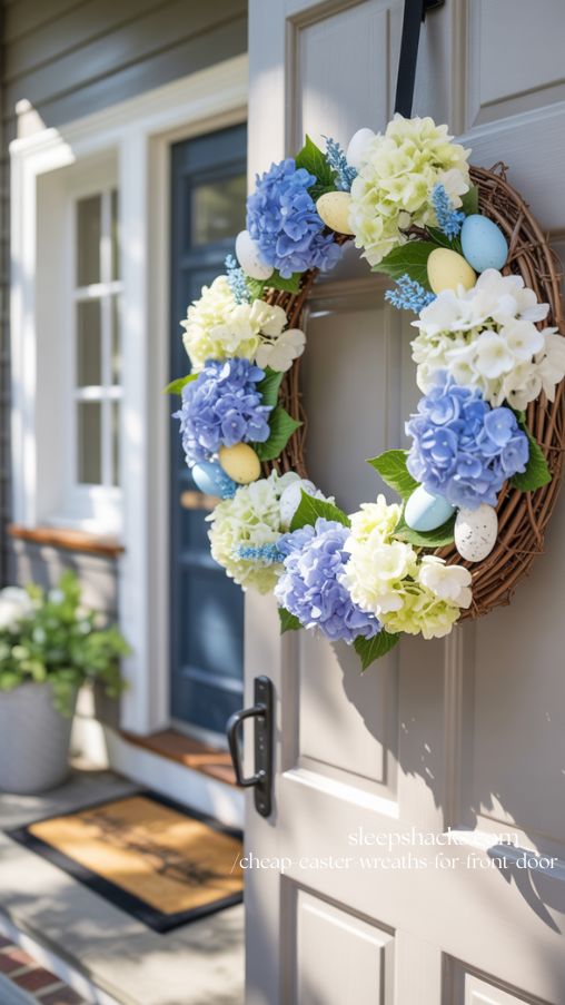 Hydrangea and Blue Accents Cheap Easter Wreath on Front Door